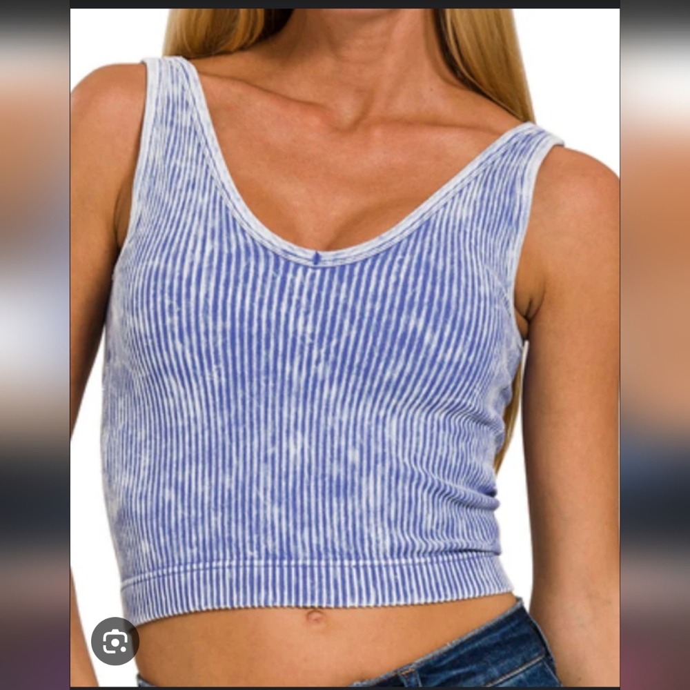 Zenana Outfitters Washed Blue Ribbed Tank Top